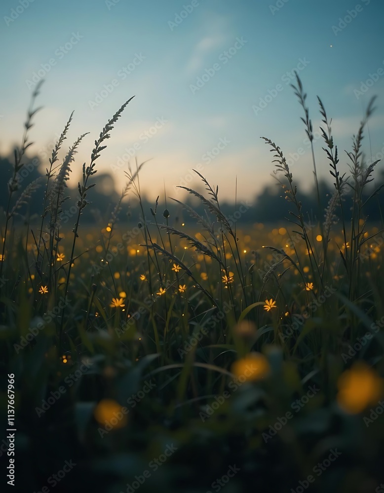 Silhouette of a meadow with fireflies glowing in the grass Silhouette of a meadow with fireflies glowing in the grass