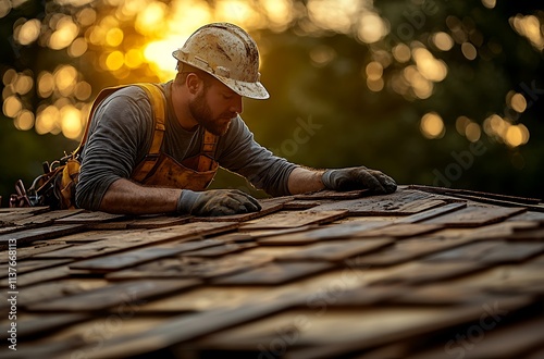 A Construction Worker Installs Wooden Roof Shingles