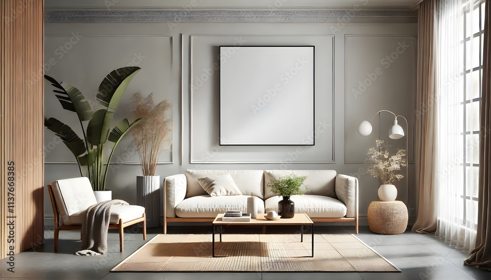 Fototapeta premium Elegant Living Room with Neutral Tones and Wall Art