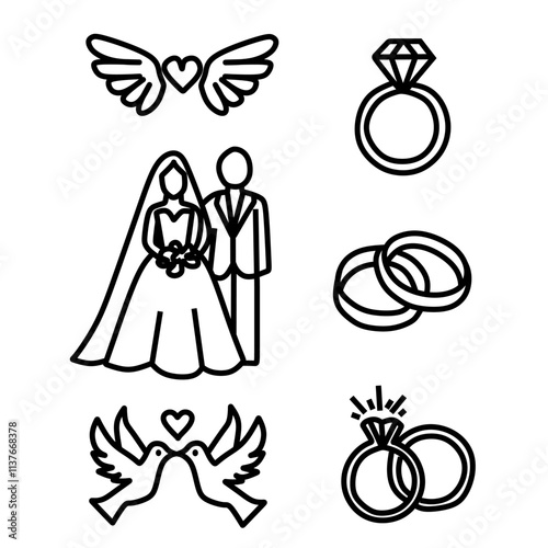 Set of wedding vector icon. wedding elements consist of bridal couple, wedding rings, love doves, diamond rings, and winged love icons