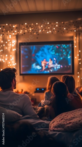 44. A family enjoying a movie night at home, with a cozy, secure atmosphere