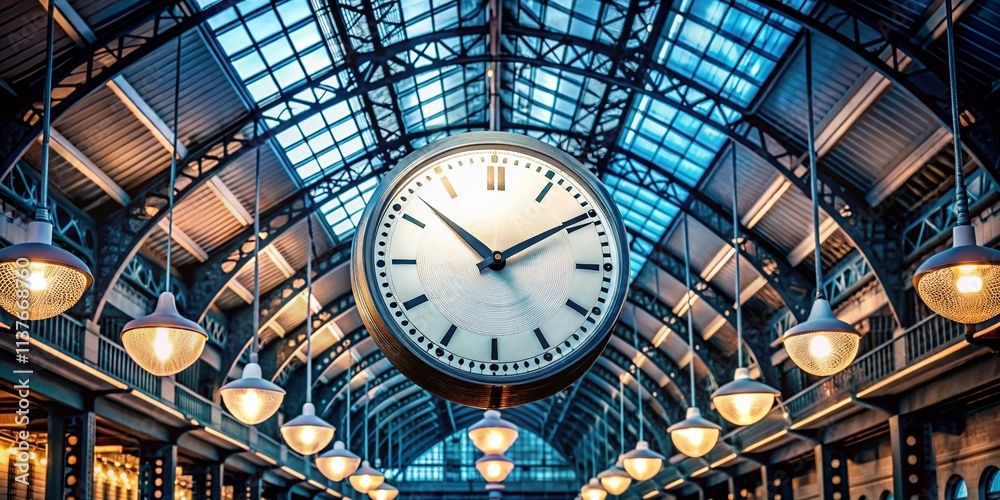 Obraz premium Low Light Train Station Clock: Interior Design, Time Management, Ceiling Architecture