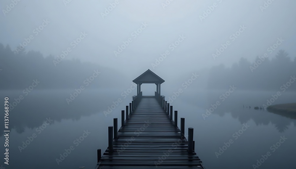 Obraz premium Silhouette of a small wooden pier on a foggy lake