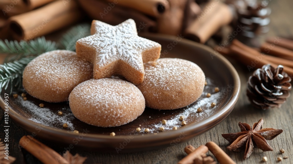Delicious Spiced Cookies with Star Shape and Cinnamon on Wooden Table Delicious Spiced Cookies with Star Shape and Cinnamon on Wooden Table