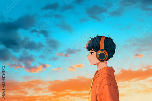 A young person wearing headphones, enjoying music against a vibrant sunset backdrop. Anime illustration photo