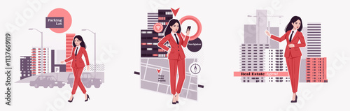 Ambitious businesswoman, confident business lady in red suit, tie, navigator user, parking lot, agent modern design for art magazine, blog, graphic advertisement, digital social media illustration set