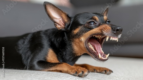 Fierce small dog baring teeth in an intense portrait, capturing raw emotion and energy through its snarling expression.