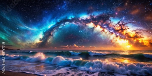 Starry Night Ocean Waves, Cosmic Landscape Photography, Celestial Seascape, Night Sky Galaxy