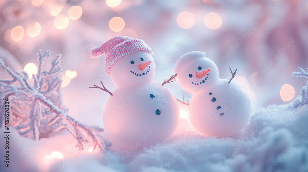 Two snowmen are standing next to each other on a snowy field Two snowmen are standing next to each other on a snowy field