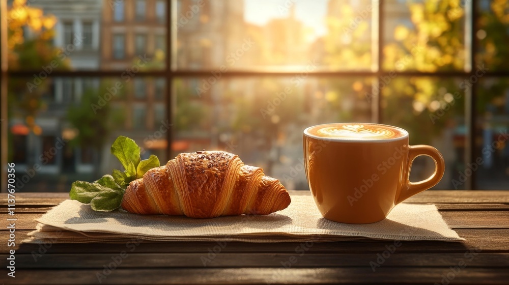 Morning Delights: Coffee Croissant and City View. Generative AI Morning Delights: Coffee Croissant and City View. Generative AI
