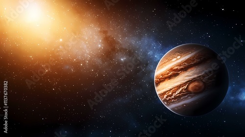 The image shows a depiction of the planet Jupiter in space, with a bright star or sun in the upper left corner and a nebula in the background.  The planet's swirling clouds and atmospheric bands are photo