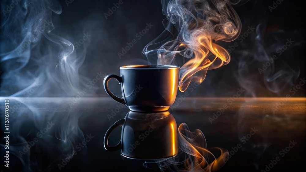 Steaming Coffee Mug, Dark Background, Reflection, Candid Photo, Black Mug, Hot Drink, Coffee Photography, Tea Photography, Beverage Photography Steaming Coffee Mug, Dark Background, Reflection, Candid Photo, Black Mug, Hot Drink, Coffee Photography, Tea Photography, Beverage Photography