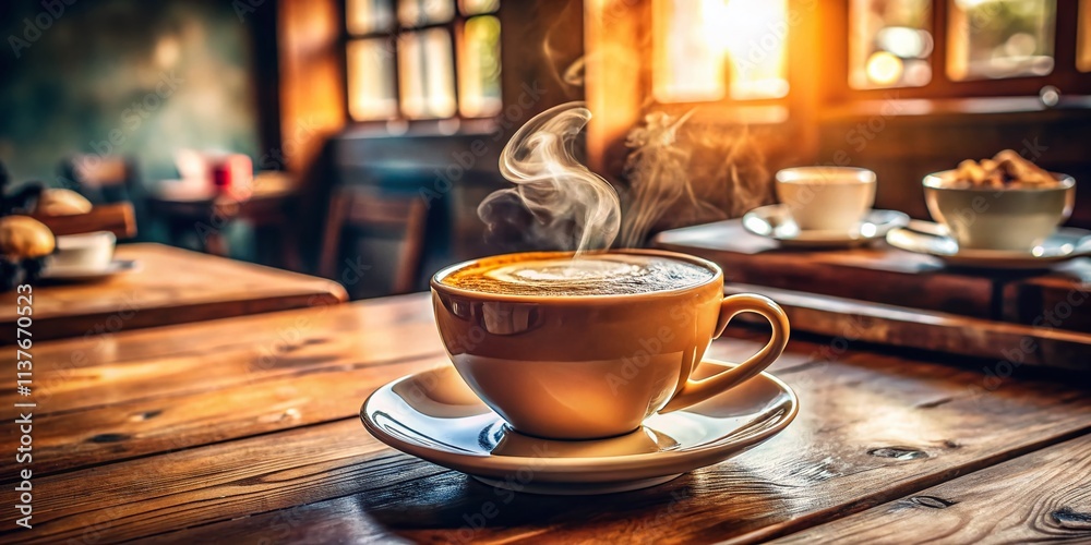 Fototapeta premium Steaming Cappuccino: Documentary Photography of Coffee Culture