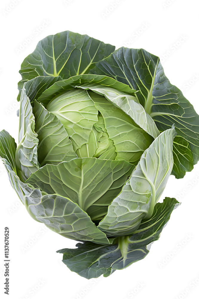 Fototapeta premium Fresh, whole green cabbage vegetable with distinct outer leaves is shown against a pure transparent background for food use.