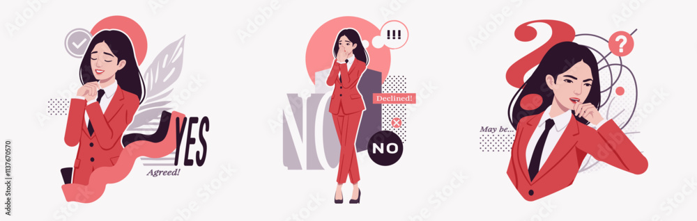Ambitious businesswoman, confident business lady in red suit, tie, making choice, doubt, thinking, modern design for art magazine, blog, graphic advertisement, digital social media illustration set Ambitious businesswoman, confident business lady in red suit, tie, making choice, doubt, thinking, modern design for art magazine, blog, graphic advertisement, digital social media illustration set