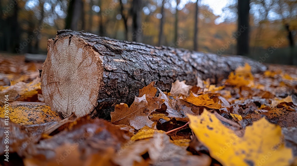 Obraz premium Fallen logs lie quietly amidst colorful autumn leaves on a forest floor, creating a serene, earthy scene filled with seasonal change and decay.