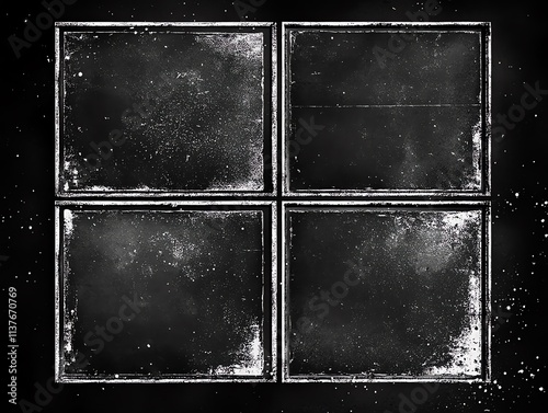 Four black square frames with textured grunge background.