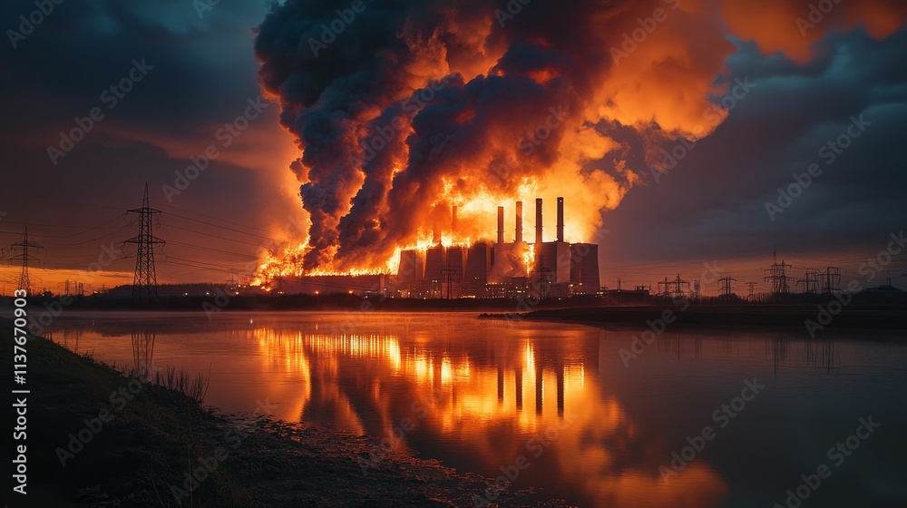 Fiery industrial plant fire reflected in water. Fiery industrial plant fire reflected in water.