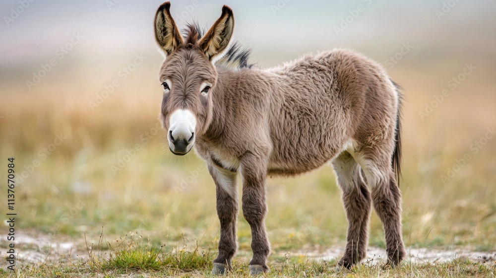 A white background showcases a single donkey standing with its ears perked up, a friendly expression on its face, and a shaggy coat of gray fur. A white background showcases a single donkey standing with its ears perked up, a friendly expression on its face, and a shaggy coat of gray fur.