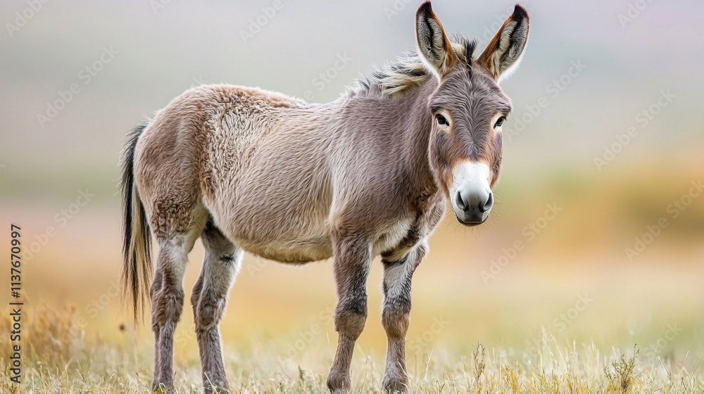 A white background showcases a single donkey standing with its ears perked up, a friendly expression on its face, and a shaggy coat of gray fur. A white background showcases a single donkey standing with its ears perked up, a friendly expression on its face, and a shaggy coat of gray fur.
