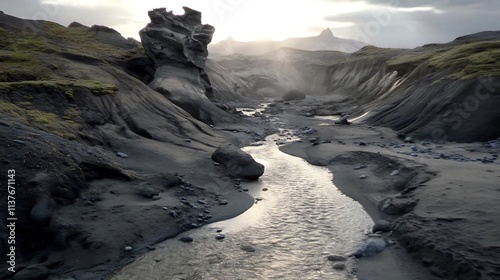 Dramatic Monochrome Landscape of Rugged Ravine with Flowing Stream in Moody Atmospheric Wilderness photo