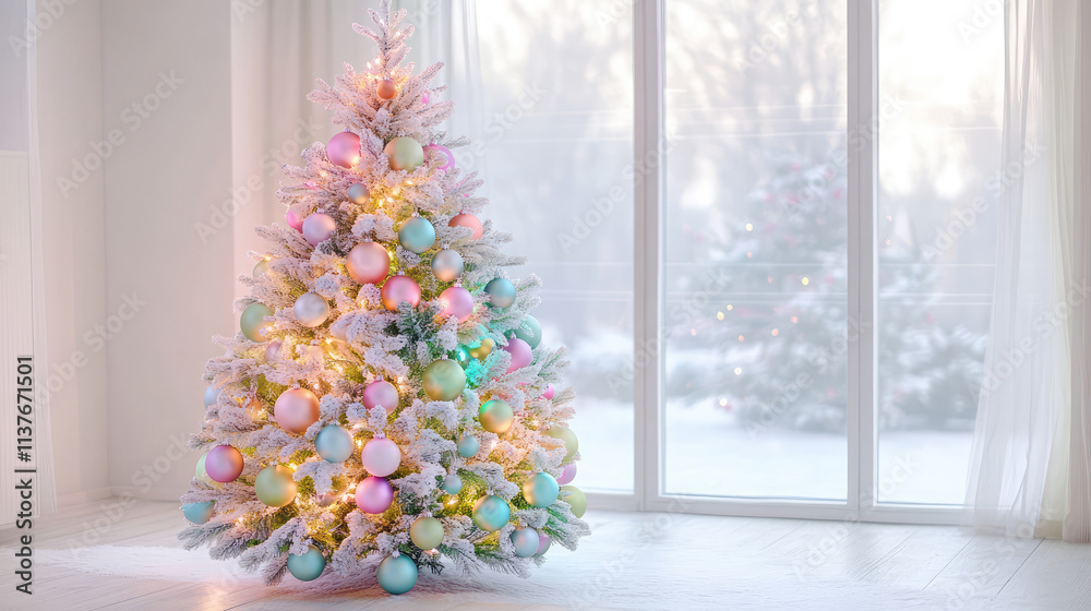 Fototapeta premium A Christmas tree with pink, blue, and green ornaments