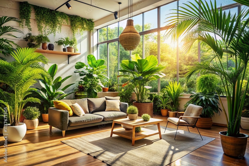 Fototapeta premium Lush Indoor Garden Modern Furniture Greenery Room Design Interior Plants Home Decor