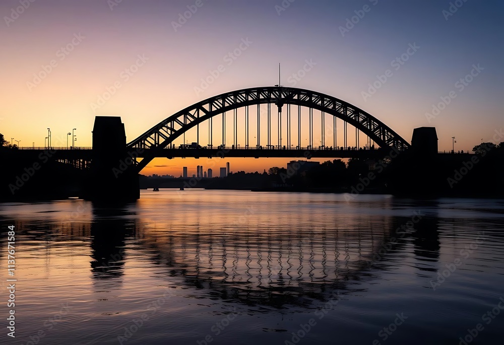 Naklejka premium Silhouette of an arched bridge over a river at twilight