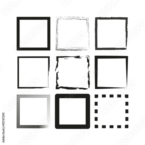 Square frame set. Grunge border shapes. Decorative outline styles. Vector graphic collection.