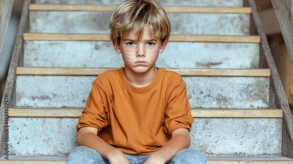 The young boy sat slumped on the cold, concrete stairs, his shoulders hunched and eyes downcast The young boy sat slumped on the cold, concrete stairs, his shoulders hunched and eyes downcast