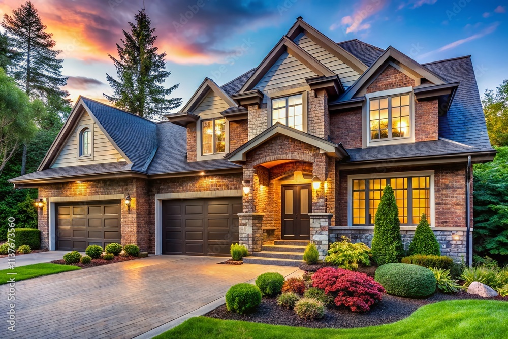 Luxury Brick & Siding Home Exterior - Modern Double Garage Design - Architectural Photography Luxury Brick & Siding Home Exterior - Modern Double Garage Design - Architectural Photography