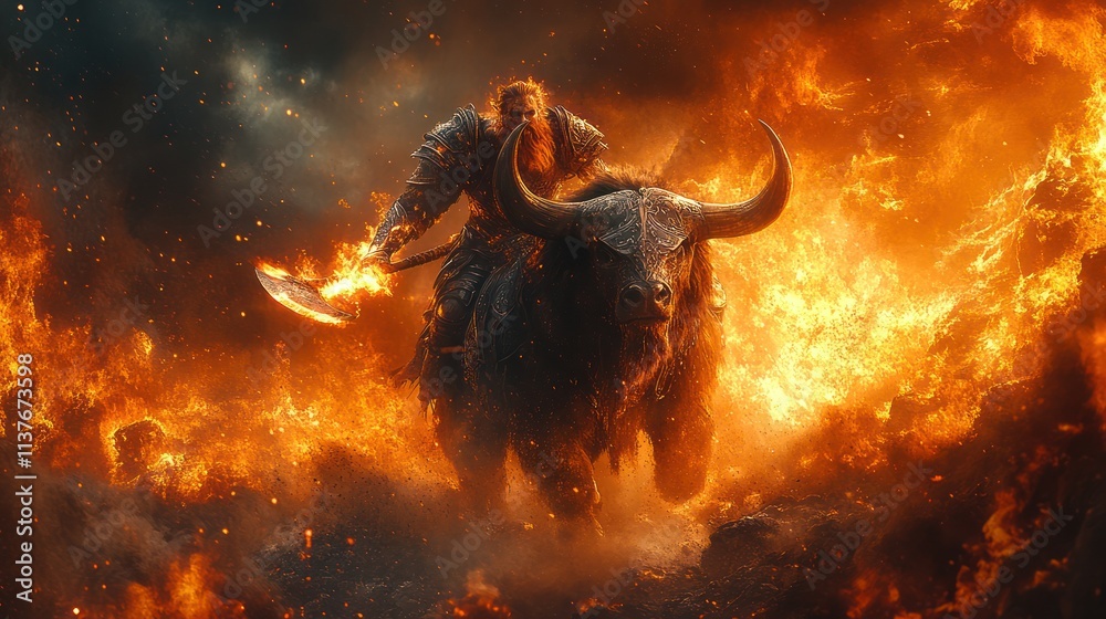 Fiery Viking warrior riding a bull through flames. Fiery Viking warrior riding a bull through flames.