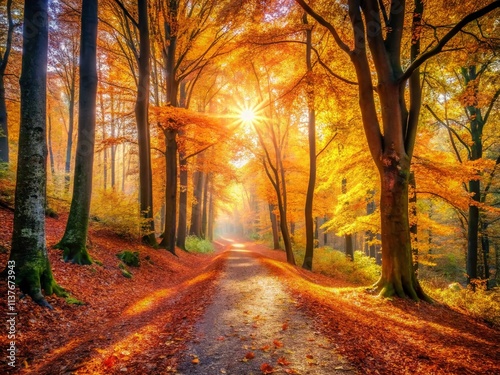 Stunning Autumn Forest Landscape Photography: Golden Leaves, Sunlit Path, Majestic Trees