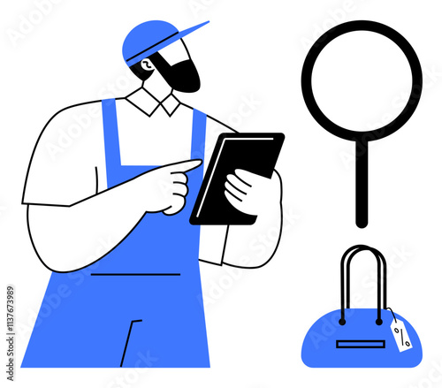 Worker in blue overalls holding tablet and pointing at it, magnifying glass and handbag. Ideal for inventory check, quality control, product inspection, retail management, logistics, security