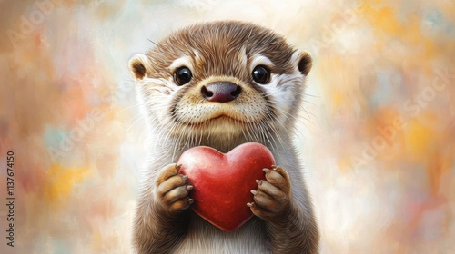 An adorable baby otter, holding a heart in its paws, gazes lovingly at the viewer in a whimsical and colorful illustration perfect for Valentine's Day.