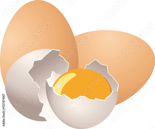 Two whole eggs and one broken egg revealing yolk
