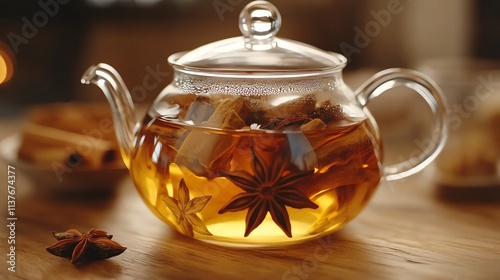 Glass teapot with brewing spiced tea with cinnamon sticks, star anise, and dried fruit on wooden table. photo