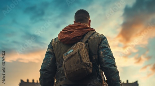 Man with bag facing sunset sky. photo