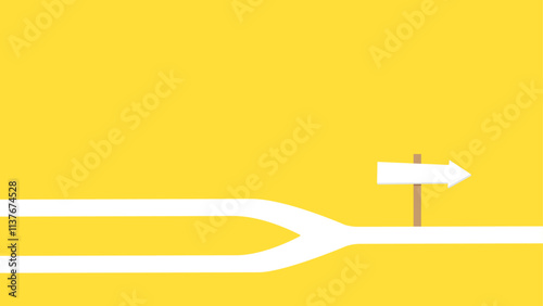 Two white paths merging into a single road with a right pointing directional signpost. Two different paths lead to the same place.