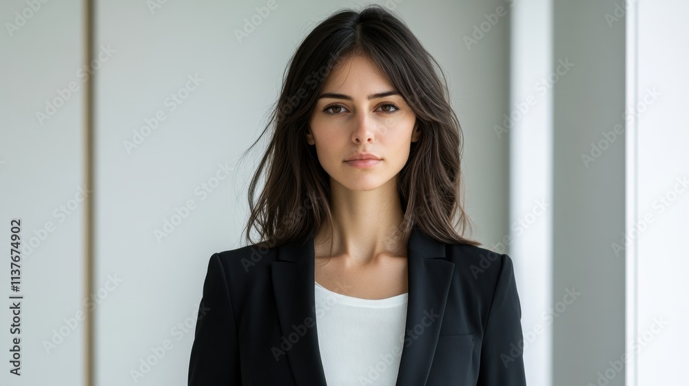 Confident Woman in Business Attire Standing Indoors with Natural Light