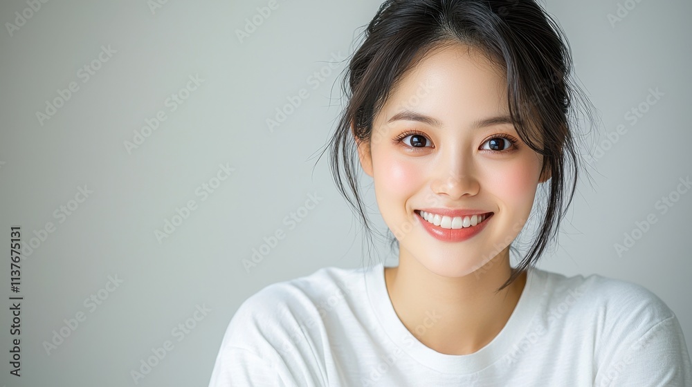 The Asian woman exudes happiness as she beams at the camera, her captivating smile lighting up her face while donning a comfortable white T shirt pajama against a simple background. The Asian woman exudes happiness as she beams at the camera, her captivating smile lighting up her face while donning a comfortable white T shirt pajama against a simple background.