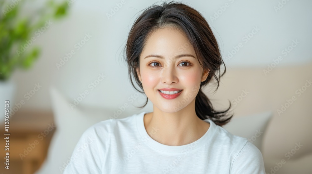 The Asian woman exudes happiness as she beams at the camera, her captivating smile lighting up her face while donning a comfortable white T shirt pajama against a simple background. The Asian woman exudes happiness as she beams at the camera, her captivating smile lighting up her face while donning a comfortable white T shirt pajama against a simple background.