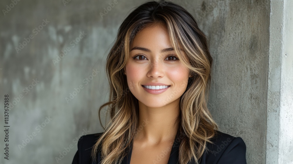 Confident Young Woman Smiling in Casual Business Attire Against Simple Background Confident Young Woman Smiling in Casual Business Attire Against Simple Background
