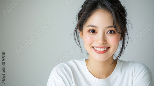 Wallpaper Mural The Asian woman exudes happiness as she beams at the camera, her captivating smile lighting up her face while donning a comfortable white T shirt pajama against a simple background. Torontodigital.ca