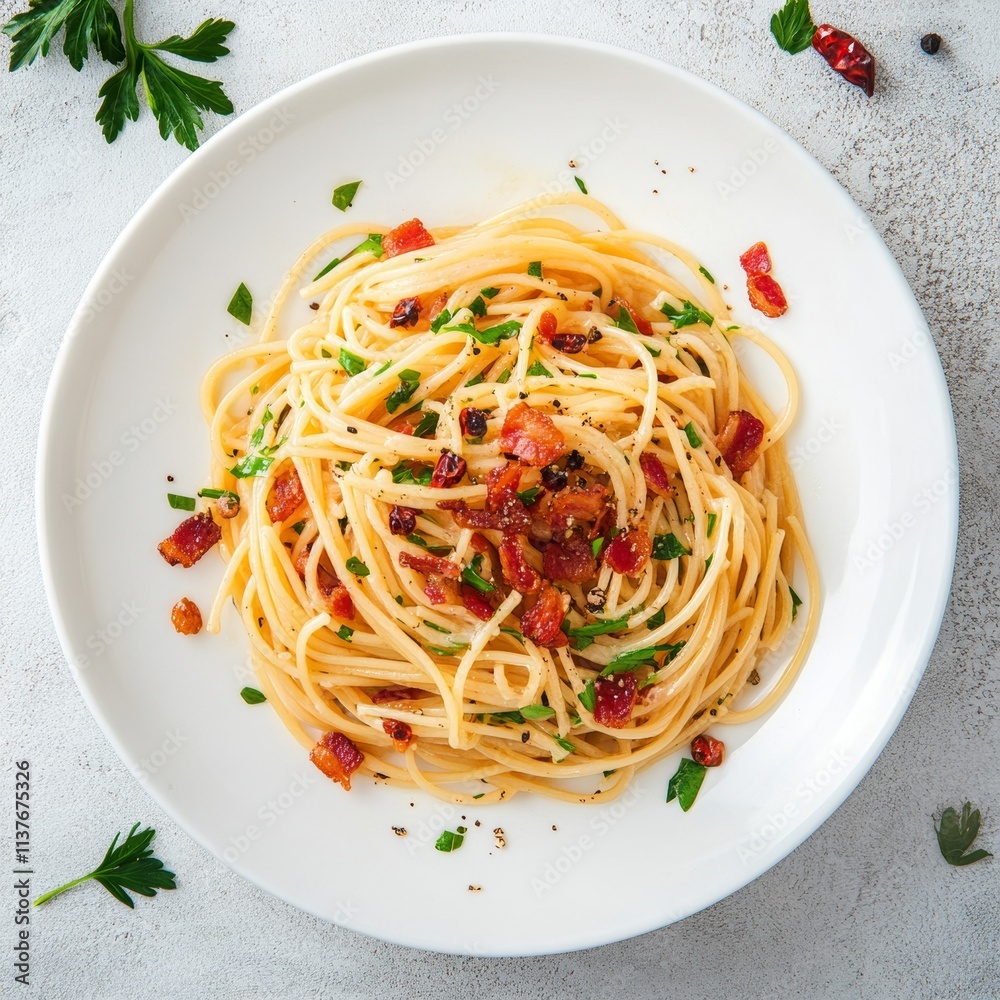Stir-Fried Capellini pasta With Dried Chili And Crispy Bacon on white plate.Top view --v 6.1 Job ID: b1b81c88-1e17-40a7-a468-8beddea360d5 Stir-Fried Capellini pasta With Dried Chili And Crispy Bacon on white plate.Top view --v 6.1 Job ID: b1b81c88-1e17-40a7-a468-8beddea360d5