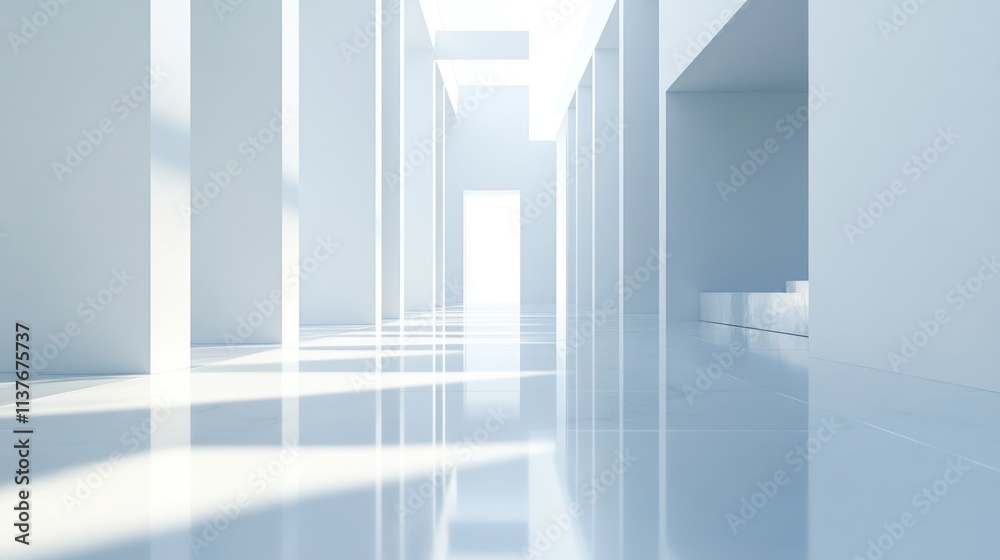 Obraz premium White minimalist corridor with sunlit columns, polished floor.