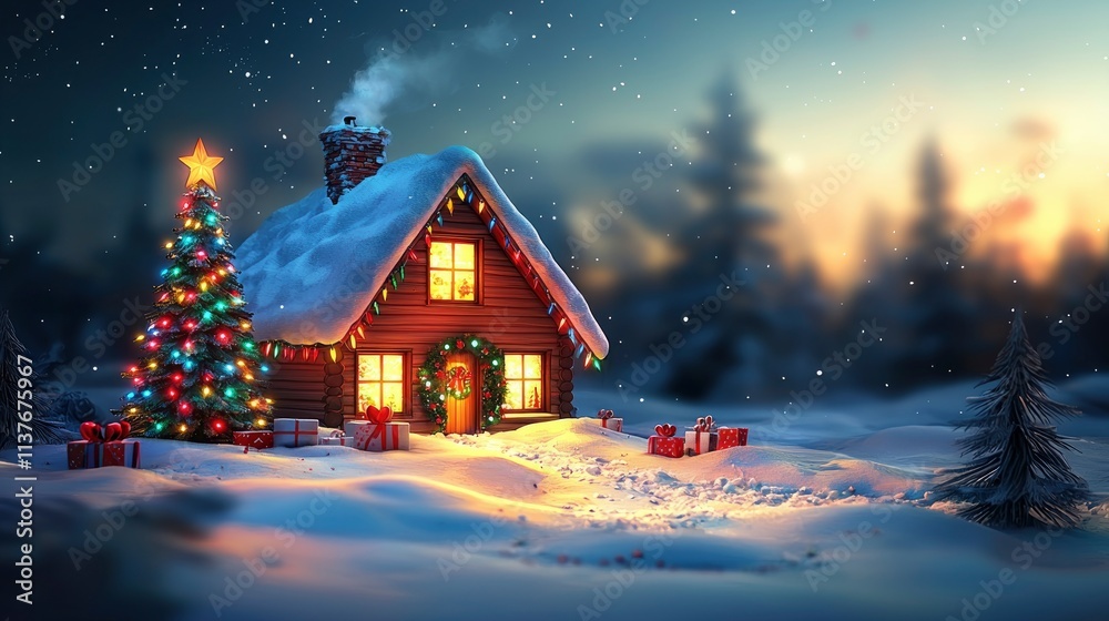 Fototapeta premium Enchanting Christmas Cabin in a Snowy Winter Wonderland