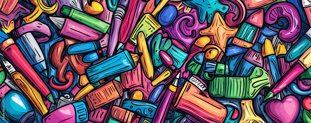 Obraz premium Artist supply color illustration. Visual arts doodles. Painting and drawing art background. Color book cover. Graffiti handdrawn poster. Colorful vector cartoon banner with hand drawn doodle elements.