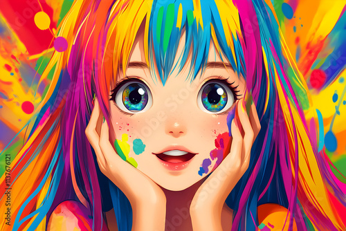 A vibrant anime character with colorful hair and striking eyes, expressing curiosity. Anime illustration