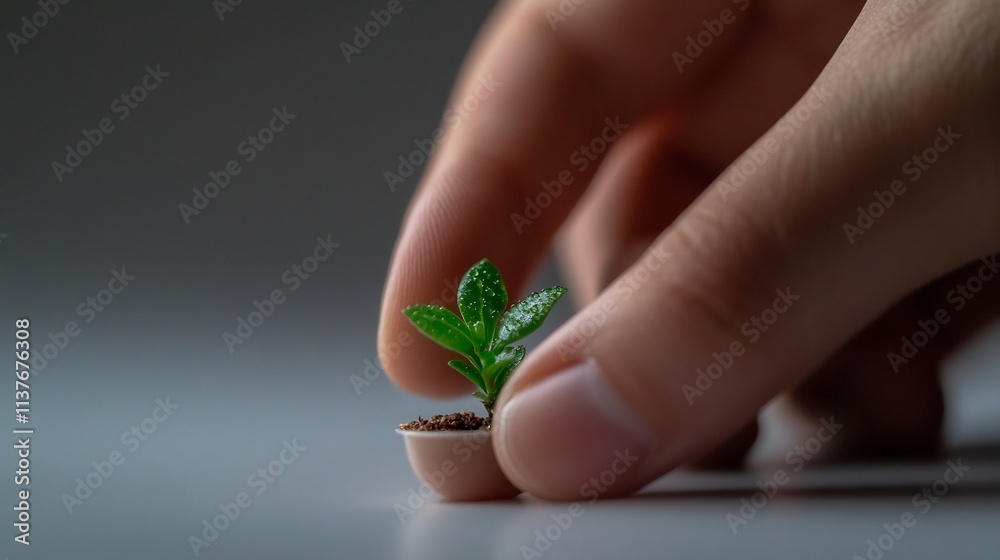 Close-up of a hand carefully planting a small seedling in a tiny pot. Close-up of a hand carefully planting a small seedling in a tiny pot.